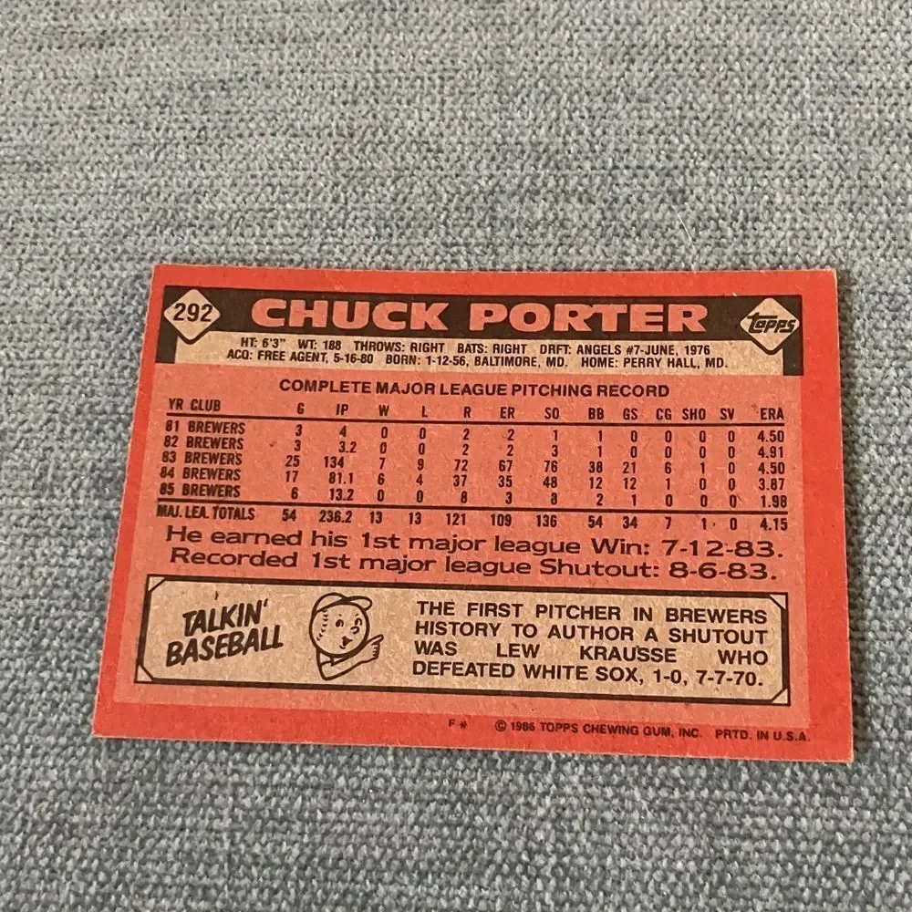 1986 Topps Milwaukee Brewers Baseball Card Trading Card